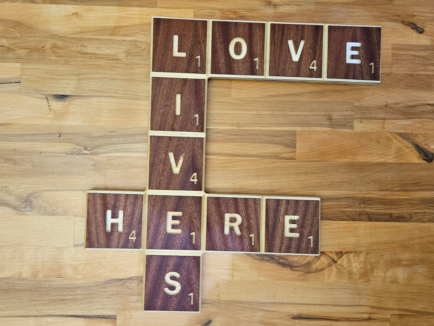 Wood Scrabble Sign - Love, Lives, Here