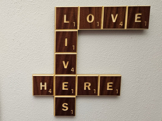 Wood Scrabble Sign - Love, Lives, Here